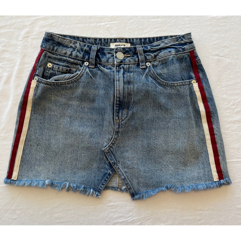 Garage‎ Denim Mini Skirt Red & White Stripe Frayed Hem Jean Skirt Women's
